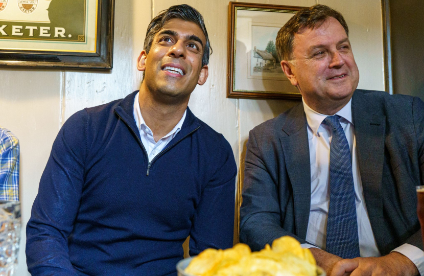 The Prime Minister, Rishi Sunak, and Mel Stride at the Drewe Arms